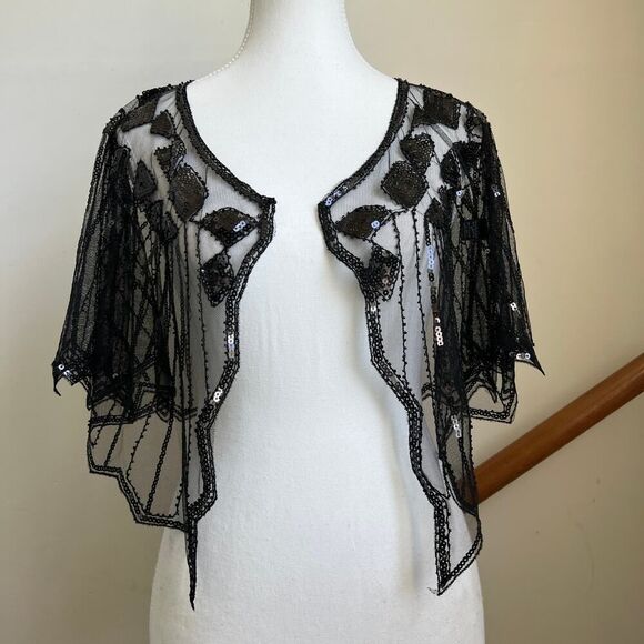 Sheer black beaded fishnet cape shawl topper Rachel Zoe flapper whimsygoth - Picture 2 of 9